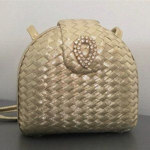 Vintage MAGID Gold Lame Woven Box Purse Evening Bag Crossbody with Rhinestones